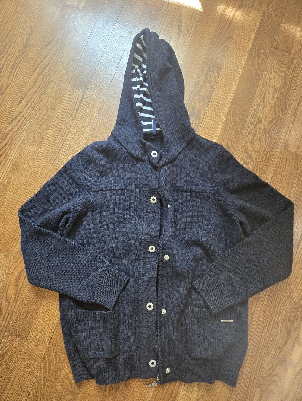 Saint James Navy Zip-Up Hooded Cardigan Sweater, Size 8, 100% Cotton Knit